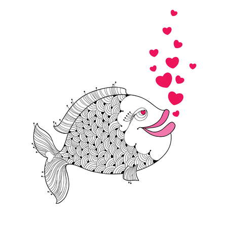 Cartoon fish with pink lips and red bubbles like heart isolated on white background. Cartoon elements in contour style for Valentine day.のイラスト素材