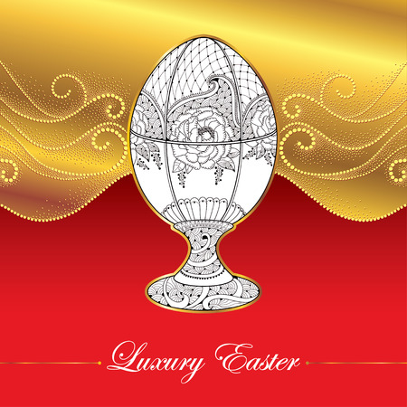 Greeting card with Faberge egg in floral motifs on the gold background with dotted curls. Series jewelry in contour style. Luxury background for Easter with ornate egg.のイラスト素材