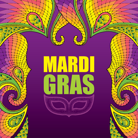 Greeting card with dotted carnival mask in purple and decorative colorful lace on the violet background. Traditional festive background for Mardi Gras. Decoration element in dotwork style.のイラスト素材