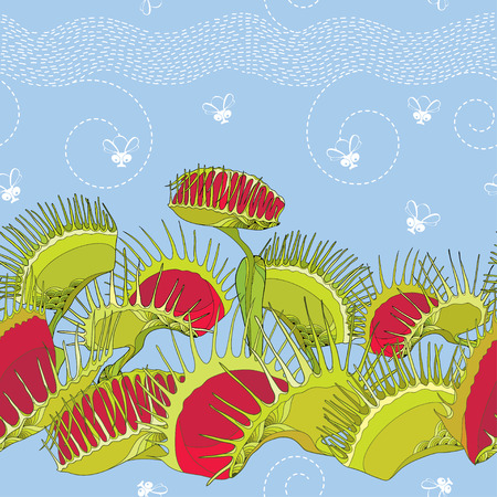 Seamless pattern with Venus Flytrap or Dionaea muscipula and cartoon white flies on the blue background. Background with carnivorous plants in contour style.のイラスト素材