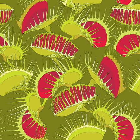 Seamless pattern with Venus Flytrap or Dionaea muscipula on the dark green background. Background with carnivorous plants in contour style.のイラスト素材