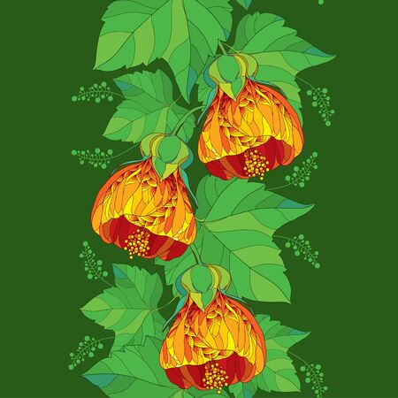 Seamless pattern with orange Abutilon flower and leaf on the dark green background.のイラスト素材