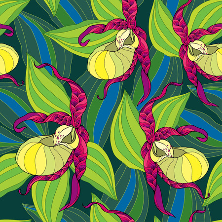Seamless pattern with Cypripedium calceolus or Lady's slipper orchid in yellow and striped leaves on the dark green background.のイラスト素材