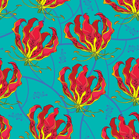 Seamless pattern with Gloriosa superba or flame lily, tropical flower on the green background. Poisonous plant. National flower of Zimbabwe. Floral background in contour style.のイラスト素材