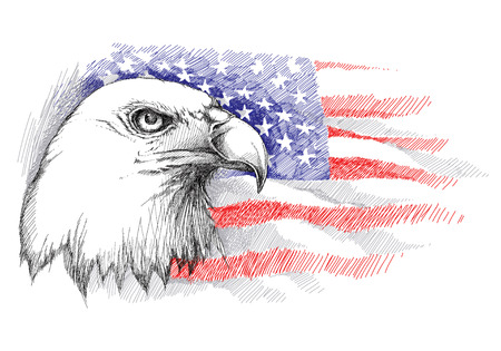 sketch of bald eagle head on the background with American flag isolated. Template with flag and eagle for July 4 isolated. Design for United Stated Independence Day. July fourth greeting card.のイラスト素材