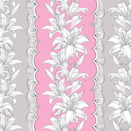 Seamless pattern with ornate white Lily flower, bud, leaves and decorative white lace on the pink background. Elegance floral background with lilies in contour style for summer design.のイラスト素材