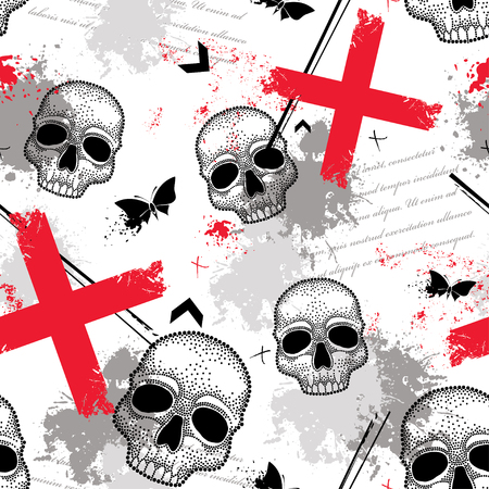 Vector seamless pattern with dotted skull, abstract lines, crosses, butterflies and blots in red and black on the white background. Abstract creative background in Trash Polka and dotwork style.のイラスト素材