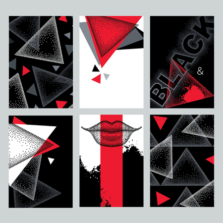 Vector set with design templates or cards in dotwork style. Dotted triangles, blots, lips in red, black and white colors. Abstract background and design elements with dots. Creative print illustrations.のイラスト素材