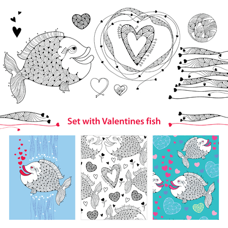 Vector Valentine day set with fishes in contour style. Outline cartoon fish, ornate hearts and greeting card isolated on white background. Holiday symbols and line art templates for Valentines design.のイラスト素材