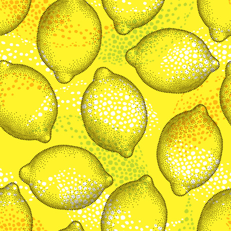 Vector seamless pattern with dotted lemon and white, orange and green spots on the yellow background. Fruits elements in dotwork style. Summer background with decorative dotted citrus.のイラスト素材