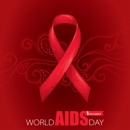 Vector background with red ribbon and dotted curly swirls. AIDS Awareness symbol in line art style. Elegance design for world AIDS day 1 December with sketch ribbon and curls.のイラスト素材