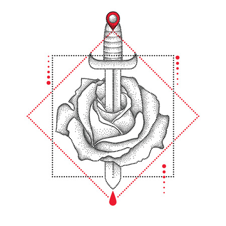 drawing of dotted rose flower, knife, drop and geometric form in black and red isolated on white background. Symbolic geometry and floral elements in dotwork style for tattoo design.のイラスト素材