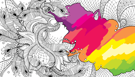 profile woman face in carnival mask with outline peacock feathers, ornate collar and beads on the colorful background. Design for Mardi Gras party in contour style. Elements for coloring book.のイラスト素材
