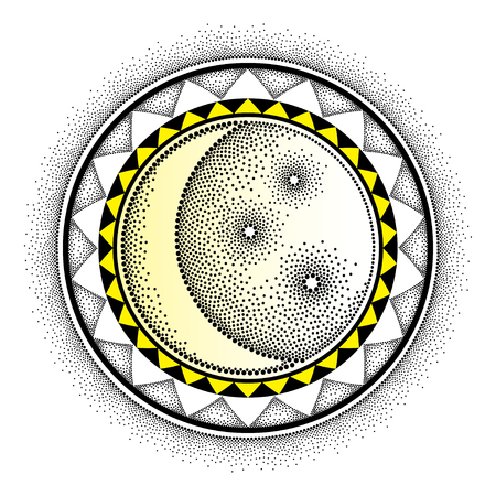 Vector illustration with dotted half moon with star and decorative frame in black and yellow isolated on white background. Stylized symbols in dotwork style for astronomy, mandala and tattoo design.のイラスト素材