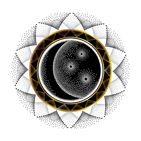 Vector illustration with dotted half moon, star and ornamental round frame in black and gold isolated on white background. Stylized symbols in dotwork style for astronomy, mandala and tattoo design.のイラスト素材