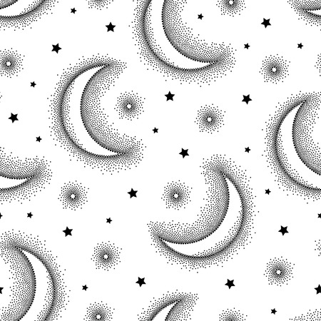 Vector seamless pattern with dotted half moon and stars in black on the white background. Design with astronomy symbols in dotwork style. Monochrome background with crescent and star.のイラスト素材