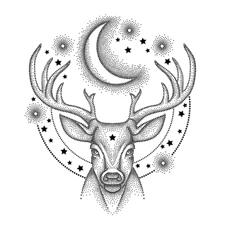 Vector illustration with dotted head deer with antlers, half moon and star in black isolated on white background. Astronomy symbols with crescent, stars and deer in dotwork style for tattoo design.のイラスト素材