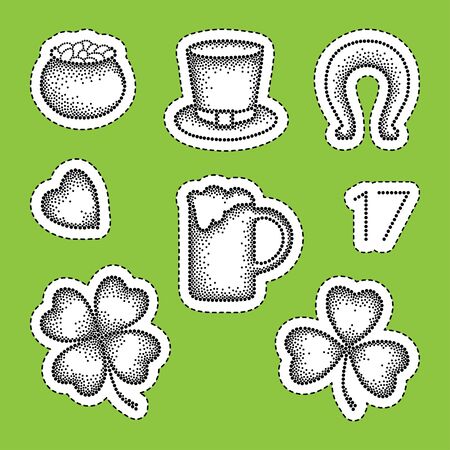 Vector St. Patrick day patch badges in dotwork style. Dotted lucky clover or shamrock, pot of coins, beer, horseshoe and hat isolated on green background. Set with design stickers for St. Patrick day.のイラスト素材