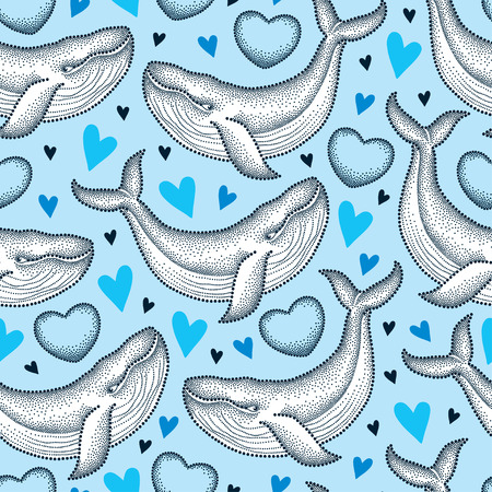 Vector seamless pattern with dotted humpback whale and heart on the blue background. Maritime and romantic summer theme with whales and hearts. Design background for Valentine day in dotwork style.のイラスト素材