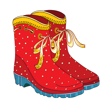 Illustration of outline red rubber boots with ornate bow isolated on white background. Trendy gumshoes for rainy weather. Waterproof footwear in contour style for autumn design.のイラスト素材