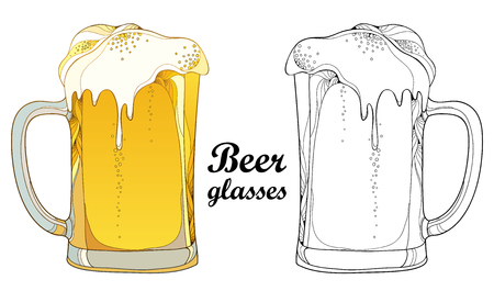 Glasses in contour style with lager beer with foam for Oktoberfest.のイラスト素材
