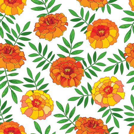 Seamless pattern with outline orange Tagetes or Marigold flower and green leaves on the white background. Floral pattern in contour style with ornate Marigold for summer design.のイラスト素材