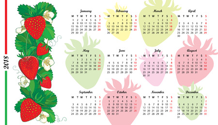 Wall calendar for 2018 year with outline red Strawberry, flower and green leaves isolated on white background. Week starts from Monday, English. Creative design template with contour berry.のイラスト素材