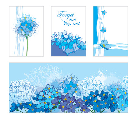 Card with outline Forget me not or Myosotis bunch in pastel blue.のイラスト素材
