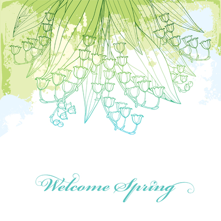 Bouquet with outline Lily of the valley or Convallaria flower and leaf in pastel green and blue on the white background. Ornate May bells flowers in contour style for greeting spring design.のイラスト素材