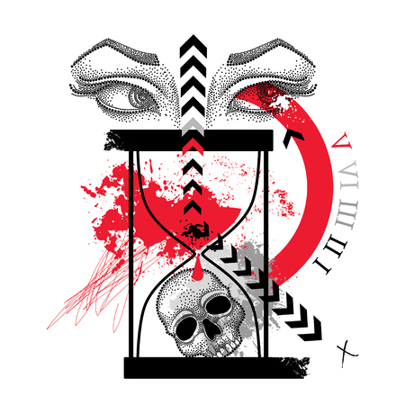Drawing dotted skull, woman eyes, abstract arrow and hourglass in red and black isolated on white background. Sketch for tattoo flash in Trash Polka and dotwork. Creative Trash Polka design.のイラスト素材