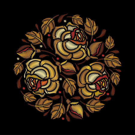 Round composition of embroidery golden rose flower, bud and leaves isolated on black background. Floral ornate embroidered roses for clothing decor, fabric and textile design.のイラスト素材