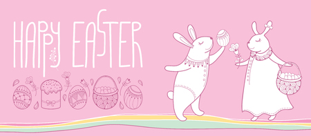 Happy Easter horizontal greeting card with outline Easter rabbit couple and traditional Easter symbol isolated on pastel pink background. Cute bunny pair in contour style for greeting decor.のイラスト素材