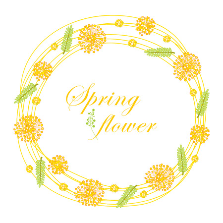 Round frame with outline yellow flower and green leaf isolated on white background. Blossoming Mimosa in contour style for greeting spring design.のイラスト素材