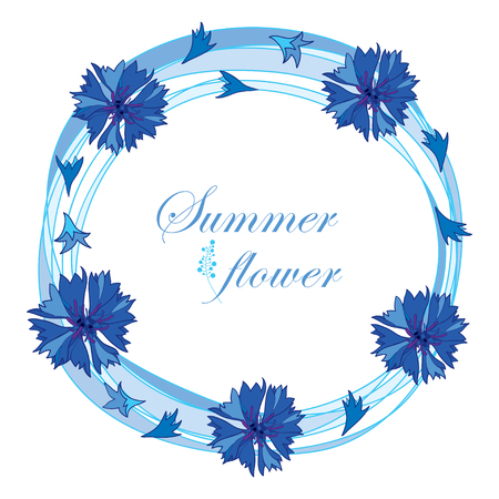 Round frame with outline Cornflower, Knapweed or Centaurea flower and petal in pastel blue isolated on white background. Ornate contour Cornflower bunch for summer design.のイラスト素材