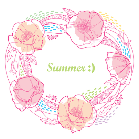 Round frame with outline Poppy flower bunch, bud, leaves and stripes in pastel pink and blue colored isolated on white background. Ornate contour poppies for funny summer design.のイラスト素材