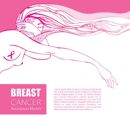 Woman with a pink ribbon and pink hair. Breast Cancer Awareness Month symbol. Design for international health campaign for woman in October.のイラスト素材