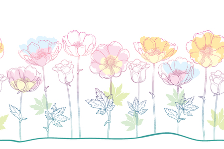 Seamless pattern of outline Anemone flower or Windflower, bud and leaf in pastel pink, orange and blue color on the white background. Ornate contour Anemones for spring or summer design.のイラスト素材
