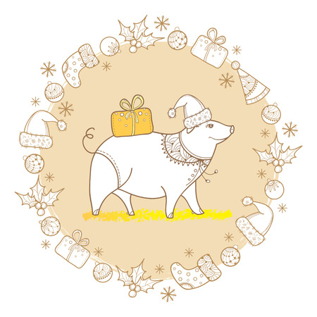 Greeting of outline pig with Christmas gift in pastel beige isolated. Symbol of Chinese New Year 2019 in contour style. Round composition with ornate pigs.のイラスト素材