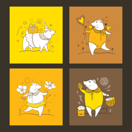 Set of greeting card with outline cute pig in orange, white and yellow. Contour symbol of Chinese New Year 2019. Ornate pig and Christmas, Easter and Valentines decoration for holiday design.のイラスト素材