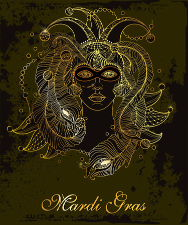 Clown cap, mask, golden peacock feathers, ornaments on black background. Mardi Gras or Fat Tuesday carnival party design in contour style.のイラスト素材