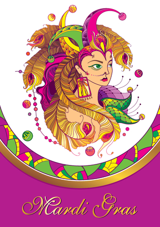 Cushion cap, golden peacock feather, ornaire on the violet background. Mardi Gras carnival party or masquerade design in contour style.のイラスト素材