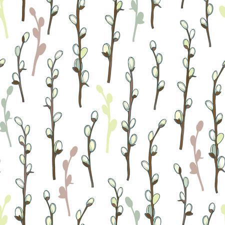 Seamless pattern with outline willow twigs in pastel on the white background.のイラスト素材