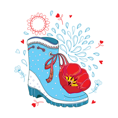 Red tulip flower and blue rubber boot isolated on white background.のイラスト素材