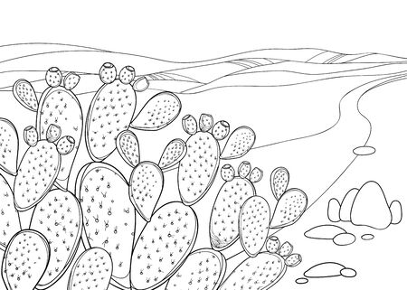 Bush of outline Opuntia or prickly pear cactus isolated.のイラスト素材
