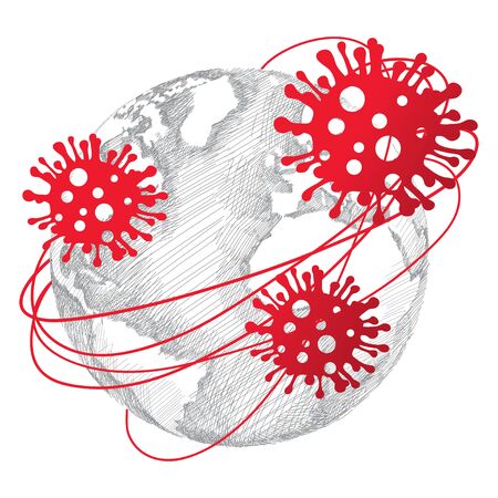Outline human red Coronavirus virion and earth planet sketch isolated.のイラスト素材