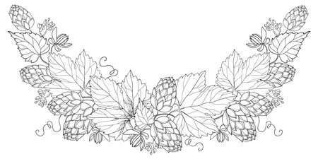 Round bunch of Hop leaf, cones and flower in black isolated on white background.のイラスト素材