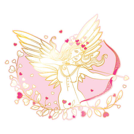 Outline Cupid girl with bow and arrow in gold and pink isolated on white background.のイラスト素材