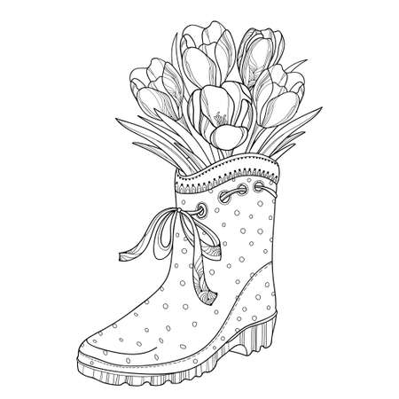 Bouquet with crocus or saffron flower in the rubber boot isolated on white.のイラスト素材