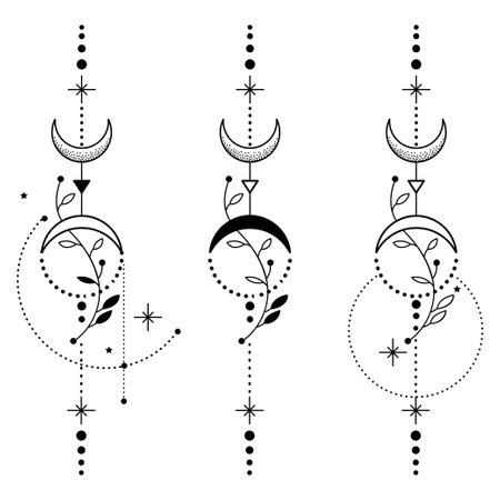 Set of dotwork sacred geometry tattoo with moon, stars and floral elements in black isolated on white.のイラスト素材
