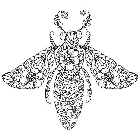 Floral bee with outline flowers in black isolated on white background.のイラスト素材